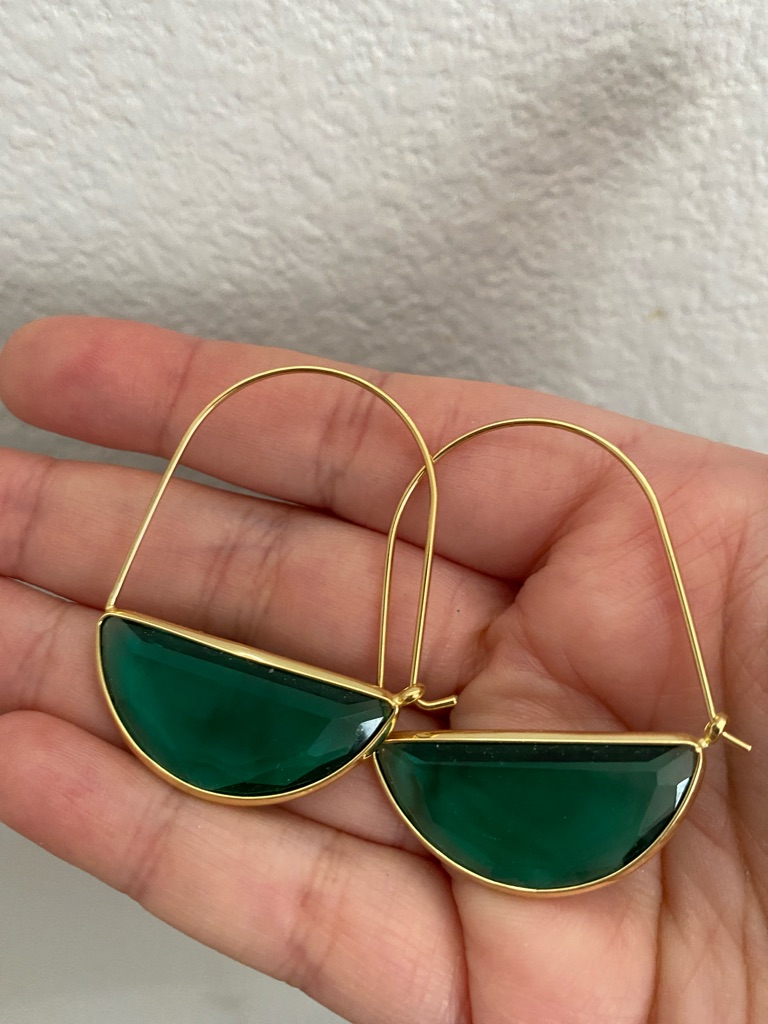 Gold Hoop Earrings With Dark Green SemiPrecious Stones